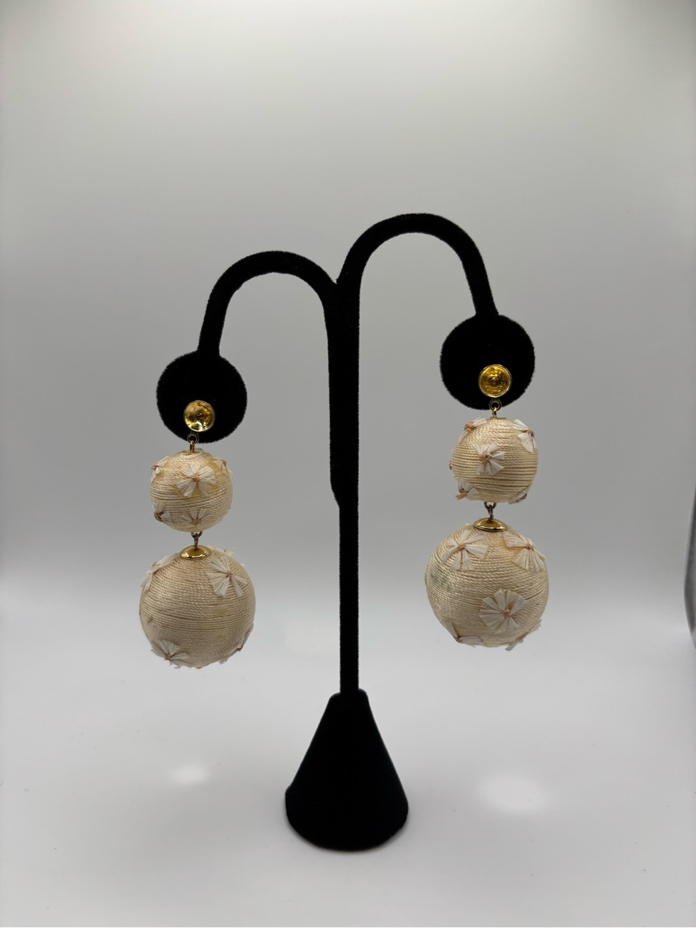 Cream Double-Ball Drop Earrings with Gold Accents